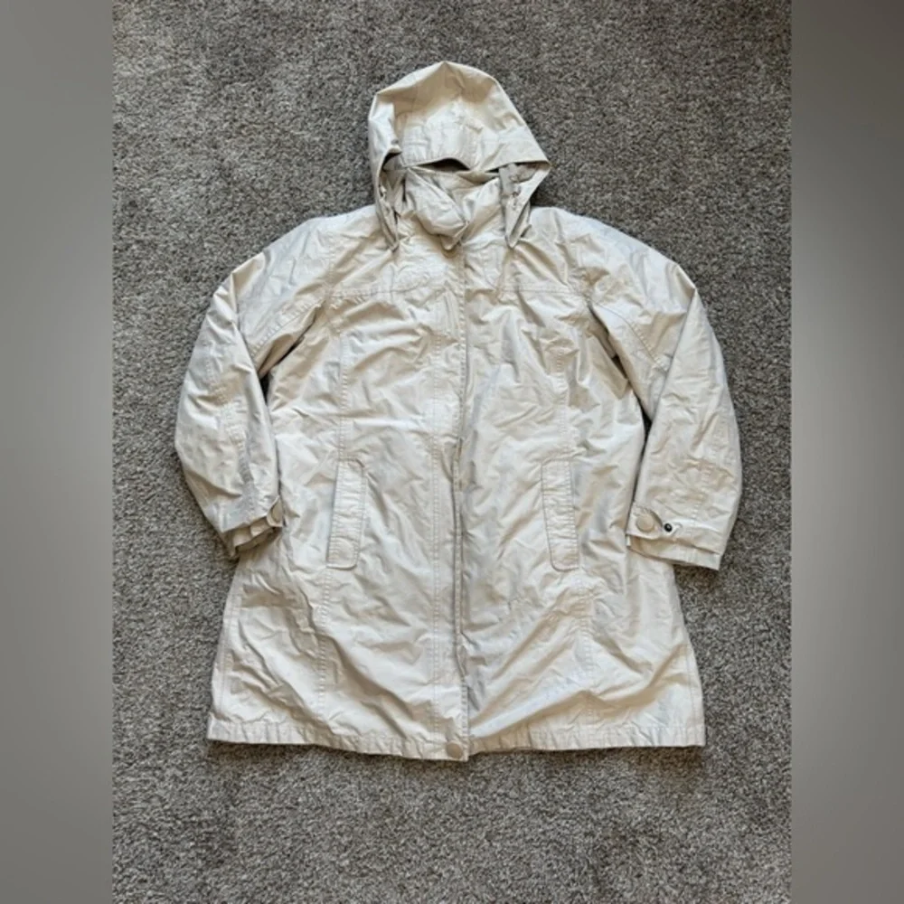 LL Bean Jacket Womens L Beige Trench Hooded Zip Pocket Snap Outdoor *flawed - Picture 1 of 12